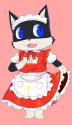  anthro apron atlus black_body black_fur black_nose blue_eyes bottomwear bow_ribbon clothed clothing clothing_lift domestic_cat dress dress_dress dress_lift fangs felid feline felis fur hand_on_chest hi_res inner_ear_fluff maid_headdress maid_uniform male mammal mask megami_tensei megami_tensei_persona morgana_(persona) persona_(series) persona_5 pockets red_clothing rhonbon sega solo symbol teeth tuft tuxedo_cat uniform white_body white_fur 