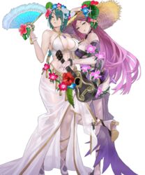  2girls ass bare_shoulders bracelet braid breasts cleavage fingernails fire_emblem fire_emblem_heroes flower full_body gold_trim green_hair hair_ornament halterneck hand_fan hand_up hat hibiscus high_heels highres holding instrument jewelry large_breasts leg_up linea_alba lips loki_(fire_emblem) loki_(summer)_(fire_emblem) long_hair looking_at_viewer maeshima_shigeki midriff multiple_girls non-web_source official_art purple_eyes purple_hair sandals sarong seductive_smile see-through single_braid smile straw_hat swimsuit thighs thorr_(fire_emblem) thorr_(summer)_(fire_emblem) transparent_background ukulele 