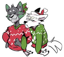  2019 adastra adastra_(series) alexios_(adastra) anthro blush bodily_fluids canid canine canis cassius_(adastra) christmas christmas_clothing christmas_headwear claws closed_eyes clothing domestic_cat duo echo_project embarrassed fangs felid feline felis festive frown fur green_body green_fur grey_body grey_fur grumpy happy haps hat headgear headwear hi_res holidays holly_(plant) hug humor male male/male mammal matching_sweaters multicolored_body multicolored_fur plant santa_hat simple_background smile sweat sweater teeth topwear two_tone_body two_tone_fur upset white_background white_body white_fur wolf 