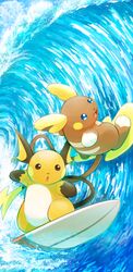  alolan_form alolan_raichu ambiguous_gender blue_eyes duo feral generation_1_pokemon generation_7_pokemon komeko-nk kumedaira nintendo open_mouth pokemon pokemon_(species) raichu regional_form_(pokemon) sea seaside smile surfboard surfer surfing water wave 