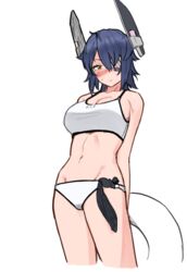  bikini breasts brown_eyes cleavage collarbone cropped_legs eyepatch female groin hair_over_one_eye headgear innertube kantai_collection large_breasts navel official_alternate_costume purple_hair short_hair simple_background solo swim_ring swimsuit tenryuu_(kancolle) tenryuu_(swimsuit_mode)_(kancolle) tsurugi_(the_horizon) white_background white_bikini 