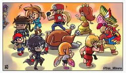  2girls 6+boys amamiya_ren animal animal_ears bag bandana banjo-kazooie banjo_(banjo-kazooie) bear bird black_hair blonde_hair blue_eyes blush champion&#039;s_tunic_(zelda) chibi closed_eyes coat commentary copy_ability crown dancing dougi dress english_commentary facial_hair fatal_fury fatal_fury_cap feathers fire geno_(mario) gloves golden_sun hat headdress highres inkling inkling_girl inkling_player_character isaac_(golden_sun) kazooie_(banjo-kazooie) ken_masters kirby kirby_(series) link long_hair mario_(series) mask metal_gear_(series) metal_gear_solid mother_(game) mother_2 moustache multiple_boys multiple_girls native_american_headdress ness_(mother_2) persona persona_5 ponytail princess_daisy short_hair shorts solid_snake splatoon_(series) splatoon_1 stoic_seraphim street_fighter super_mario_rpg super_smash_bros. terry_bogard thanksgiving the_king_of_fighters the_legend_of_zelda the_legend_of_zelda:_breath_of_the_wild tomodachi_life waluigi wing_kirby 