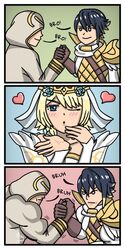  2boys alfonse_(fire_emblem) armor bride bride_(fire_emblem) cape dress female fire_emblem fire_emblem_heroes fjorm_(bridal)_(fire_emblem) fjorm_(fire_emblem) hair_ornament highres hood kiran_(fire_emblem) kiran_(male)_(fire_emblem) kissing mnejing30 multiple_boys scale_armor short_hair veil wedding_dress 