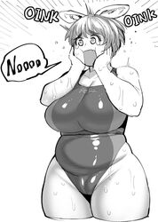  animal_ears bare_shoulders belly breasts cameltoe cleavage commentary_request cropped_legs elf-san_wa_yaserarenai. female greyscale hands_on_own_face highres huge_breasts legs_together monochrome oku_(elf-san_wa_yaserarenai) pig_ears plump short_hair simple_background solo standing surprised synecdoche thick_arms thick_thighs thighs white_background 