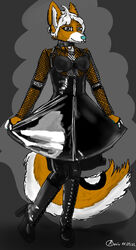  alternative_fashion anthro black_body black_fur black_latex blue_nose boots canid canine canis clothing collar dress female fishnet_clothing fishnet_topwear footwear fur goth goth_boots grey_eyes hair hi_res high_heeled_boots high_heels koziu koziu_(artist) latex latex_boots latex_clothing latex_dress latex_footwear latex_legwear legwear mammal orange_body orange_fur piercing red_wolf simple_background solo topwear white_body white_fur white_hair wolf 