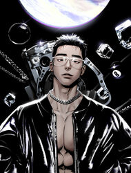  1boy 8-ball abs absurdres ball bara billiard_ball black_hair black_jacket bubble chain_necklace chains commentary english_commentary glasses highres ice ice_cube jacket jewelry large_pectorals looking_at_viewer male_focus muscular muscular_male necklace open_clothes open_jacket original parted_lips pectoral_cleavage pectorals short_hair solarsistim solo upper_body 