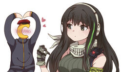  1other armband bad_id bad_pixiv_id bandana black_hair blush c-head_commander commander_(girls&#039;_frontline) commentary_request female girls&#039;_frontline gloves heart heart_arms jewelry korean_commentary long_hair looking_at_viewer looking_to_the_side m4a1_(girls&#039;_frontline) mask ring sidarim simple_background skull_mask sleeveless sleeveless_sweater sweatdrop sweater upper_body wedding_ring white_background 