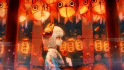  absurdres animal_print candy_apple female fish fish_print food goldfish goldfish_print highres lantern mask mask_on_head night original outdoors paper_lantern profile red_eyes rin_(rin7kan7) short_hair torii upper_body white_hair 