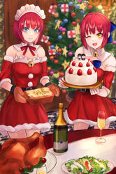  2girls absurdres alternate_costume bare_shoulders bell belt belt_buckle black_belt blue_bow blue_eyes bow buckle cake champagne_bottle champagne_flute character_doll christmas christmas_ornaments christmas_tree closed_mouth commentary_request cup detached_collar detached_sleeves doll dress drinking_glass food fur-trimmed_dress fur-trimmed_sleeves fur_trim hair_between_eyes hairbow half_updo highres hisui_(tsukihime) indoors jingle_bell klash kohaku_(tsukihime) looking_at_viewer maid maid_headdress mittens multiple_girls neck_bell neck_ribbon one_eye_closed open_mouth plate red_dress red_hair red_ribbon red_sleeves ribbon salad short_hair siblings sisters smile strapless strapless_dress table tohno_akiha tohno_shiki tongue tsukihime tsukihime_(remake) turkey_(food) twins yellow_eyes 