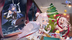  +_+ 3girls :3 ahoge animal_ears asymmetrical_hair azur_lane backpack bag belt black_bodysuit black_gloves black_skirt blue_eyes blue_hair bodysuit box braid breasts ceiling ceiling_fan christmas christmas_ornaments christmas_tree closed_mouth commentary cropped_shirt curtains dog_ears dog_girl dog_tail double_bun dress elbow_gloves english_commentary fingerless_gloves frilled_skirt frills garland_(decoration) gloves hair_between_eyes hair_bun hair_intakes headpiece highres le_malin_(azur_lane) long_hair manjuu_(azur_lane) medium_breasts miniskirt multiple_girls navel new_jersey_(azur_lane) night night_sky official_art open_mouth pleated_skirt rappelling red_belt red_eyes rope second-party_source shirt short_sleeves side_braid single_braid skirt sky small_breasts smile stomach tail thick_eyebrows tile_ceiling tiles tinsel underboob uonomeuroko watermark white_dress white_gloves white_hair white_shirt white_skirt window yuudachi_(azur_lane) 