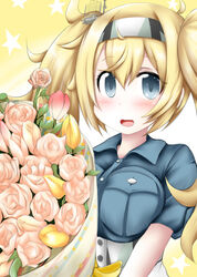  blonde_hair blue_eyes blue_shirt bouquet breast_pocket breasts collared_shirt commentary_request female flower gambier_bay_(kancolle) hairband holding holding_bouquet kantai_collection large_breasts ouno_(nounai_disintegration) pocket shirt solo twintails upper_body 