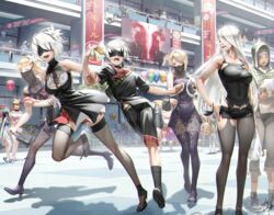  1boy 2b_(nier:automata) 6+girls 9s_(nier:automata) a2_(nier:automata) adam_(nier:automata) adapted_costume alternate_costume anemone_(nier:automata) bag black_blindfold black_shorts blindfold blonde_hair blue_eyes breasts character_request cleavage_cutout clothing_cutout clown commander_(nier:automata) commentary_request covered_eyes devola dress eating eve_(nier:automata) food grey_hair handbag happy height_difference high_heels highres holding holding_food holding_hands hood hood_up indoors kawarage leaning_to_the_side legs_apart long_hair looking_at_another medium_hair mole mole_under_mouth mouth_veil multiple_girls nier:automata nier_(series) one_eye_closed open_mouth operator_21o operator_6o pants pantyhose pod_(nier:automata) popola running shirt shoes short_hair short_shorts shorts shoulder_bag smile socks standing thighhighs veil very_long_hair zettai_ryouiki 