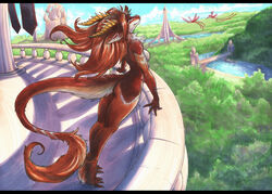  2021 2_horns 3_toes 4_fingers amazing_background anthro ass big_tail biped blue_sky breasts bridge brown_body brown_claws brown_fur brown_hair brown_scales building claws closed_eyes cloud countershade_breasts countershade_fur countershade_tail countershading detailed_background dragon ewgengster_(artist) featureless_breasts feet female finger_claws fingers foot_tuft forest fur furred_dragon hair horn humanoid_hands leaning leaning_forward letterbox long_hair long_tail marker_(artwork) medium_breasts meiyven_(avelos) nude pillar plant river scales scuted_arms scuted_feet scuted_hands scutes shaded shadow side_view sky smile snout soft_shading solo standing tail_tuft thick_tail toe_claws toes traditional_media_(artwork) tree tuft white_body white_fur 