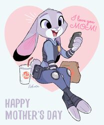  anthro beverage biped buckteeth cellphone cheek_tuft clothed clothing dipstick_ears disney ear_markings electronics english_text facial_tuft fully_clothed fur grey_body grey_fur head_tuft heart_background heart_symbol holding_cellphone holding_object holding_phone judy_hopps lagomorph leporid mammal multicolored_ears open_mouth open_smile paper_bag phone police police_uniform rabbit rikuta_tp simple_background sitting smile solo teeth text tuft uniform zootopia 