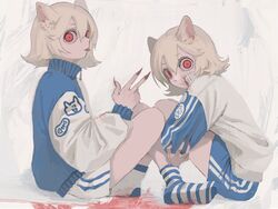  2girls animal_ears bandage_on_face bandages blonde_hair blood blue_shorts cat_ears end80236189 fingernails hair_between_eyes long_sleeves looking_at_viewer multiple_girls original red_eyes short_hair shorts sitting socks striped_clothes striped_socks tongue tongue_out white_shorts 