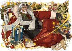  1boy aegir_(housamo) aqua_hair bara beard bell blue_eyes boots bull candle champagne_bottle christmas christmas_ornaments christmas_present christmas_stocking christmas_tree christmas_wreath dark_skin eyewear_on_head facial_hair fingernails fireplace gift gingerbread_cookie glass gloves gomtang hat holding large_pectorals looking_at_viewer male_focus multicolored_hair muscular muscular_male neck_bell necktie official_art pectorals santa_boots santa_costume santa_gloves santa_hat scarf sharp_fingernails ship_in_a_bottle smile snow_globe solo sparkle streaked_hair sunglasses tokyo_afterschool_summoners toy transparent_background vest_over_shirt white_hair 