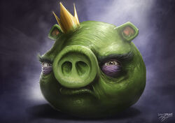  2010 angry_birds artist_name body_hair crown crown_only domestic_pig feral frown frown_eyebrows goes_hard green_body green_lips green_skin half-closed_eyes headgear king_pig lips mammal narrowed_eyes purple_background realistic rovio_entertainment sam_spratt sega signature simple_background solo suid suina sus_(pig) 