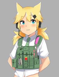  :3 animal_ears animal_print arms_behind_back blonde_hair blue_eyes blush bulletproof_vest capoki cat_ears cat_teaser commentary diagonal-striped_clothes diagonal-striped_necktie english_text fang_out female fish_print girls&#039;_frontline green_necktie green_vest grey_background hair_ornament hairclip headset idw_(girls&#039;_frontline) looking_at_viewer necktie oerba_yun_fang pouch profanity shirt short_twintails shotgun_shell simple_background sleeves_rolled_up solo striped_clothes toy_mouse twintails union_jack upper_body vest white_shirt 