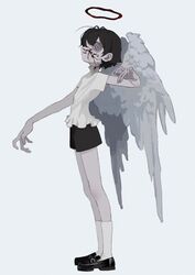  1other black_footwear black_hair black_shorts blood blood_halo blood_on_face end80236189 full_body halo hand_up highres liquid_halo original profile shirt short_hair short_sleeves shorts simple_background socks standing white_background white_shirt white_socks wings 