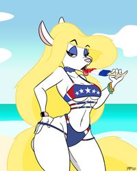  49ersrule07_(artist) american_flag animaniacs anthro beach bedroom_eyes bikini biped blonde_hair blue_bikini blue_choker blue_clothing blue_eyeshadow blue_jewelry blue_necklace blue_neckwear blue_swimwear bracelet breasts choker clothing curvy_figure eyeshadow female food fur hair hand_on_hip hi_res hourglass_figure jewelry licking_popsicle looking_at_viewer makeup mammal medium_breasts minerva_mink mink mustelid musteline narrowed_eyes navel necklace popsicle red_bikini red_clothing red_swimwear seaside seductive skimpy_bikini solo standing star star_polygon star_print summer swimwear tail thick_thighs tongue tongue_out true_musteline under_boob united_states_of_america warner_brothers white_bikini white_body white_clothing white_fur white_swimwear wide_hips yellow_tail 