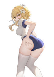  absurdres ass bad_id bad_pixiv_id blonde_hair blue_buruma breasts buruma feet_out_of_frame female flower genshin_impact hair_flower hair_ornament highres leaning_forward looking_at_viewer looking_back lumine_(genshin_impact) medium_breasts parted_lips saw272 shirt short_hair_with_long_locks sidelocks simple_background solo t-shirt thighhighs thighs white_background white_flower white_shirt white_thighhighs yellow_eyes 