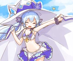  adapted_costume alternate_costume armpits bikini bikini_top_only blue_hair blue_sky bow breasts cape cloak cloak_lift closed_eyes cloud cloudy_sky commentary cowboy_shot day dera_fury facing_viewer female hair_ribbon hand_up hat hat_bow hatsune_miku holding holding_cape holding_clothes large_hat layered_bikini light_blue_hair long_hair open_mouth outdoors outstretched_arm ribbon scrunchie sky small_breasts smile snowflake_hat_ornament snowflake_ornament snowflake_print star_(symbol) swimsuit treble_clef twintails very_long_hair vocaloid white_bikini white_cloak witch_hat wrist_scrunchie yuki_miku yuki_miku_(2014) 