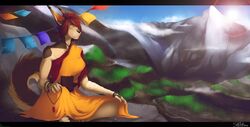  2015 5_fingers anthro big_ears biped black_bars breasts closed_eyes clothed clothing cloud day detailed_background female fingers fluffy fluffy_tail fur hair long_ears mammal meditating mountain multicolored_body multicolored_fur off_shoulder on_rock outside red_hair rock satchel shen_shepa sitting sky solo tail two_tone_body two_tone_fur 