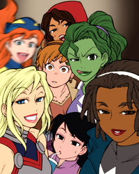  6+girls acorn_earrings america_chavez animal_ears animification arrow_(projectile) black_eyes black_hair blonde_hair blue_eyes brown_eyes brown_hair buck_teeth chiba_toshirou collarbone colored_skin commentary_request cup dark-skinned_female dark_skin derivative_work dreadlocks drinking_straw earrings fake_animal_ears gradient_background green_eyes green_hair green_lips green_skin grin hair_tie hairband hawkeye_(marvel) hellcat_(patsy_walker) high_ponytail hood jacket jane_foster jennifer_walters jewelry kate_bishop lips lipstick long_hair looking_at_viewer makeup marvel monica_rambeau motion_blur multiple_girls open_mouth orange_hair parted_lips photoshop_(medium) pink_lips ponytail quiver red_lips selfie she-hulk shirt sleeveless smile squirrel_girl_(marvel) superhero_costume sweatdrop teeth thor_(jane_foster) tongue tongue_out valkyrie_(marvel) white_hairband 