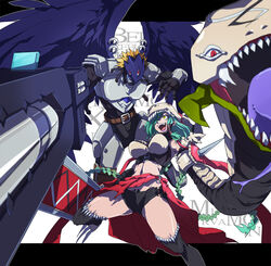  aqua_hair armor awaguri beelzebumon_(xros_wars) black_wings blonde_hair breasts commentary_request digimon digimon_(creature) digimon_xros_wars female gun medium_breasts mervamon midriff monster red_eyes third_eye torn_clothes weapon wings yellow_eyes 