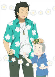  2boys ano_hi_mita_hana_no_namae_wo_bokutachi_wa_mada_shiranai. black_hair casual closed_eyes dual_persona flower hisakawa_tetsudou lolicon mizuki_makoto morning_glory multiple_boys petunia_(flower) photoshop_(medium) time_paradox white_flower 