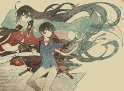  2boys absurdly_long_hair bishounen black_hair blue_eyes braid buttons cape comiket_91 commentary_request double-breasted earrings flower_knot hakama hakama_skirt hanokage horikawa_kunihiro izumi-no-kami_kanesada japanese_clothes jewelry katana long_hair male_focus multiple_boys muted_color petals ribbon shinsengumi side_braid skirt smile sword tassel touken_ranbu very_long_hair wakizashi weapon 