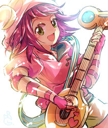  artist_request bangs blush capcom elbow_gloves female fingerless_gloves green_eyes guitar heart hibiki_misora hood hoodie instrument lolicon musical_note open_mouth playing_instrument puffy_short_sleeves purple_hair rockman ryuusei_no_rockman short_hair shorts simple_background smile solo white_background 