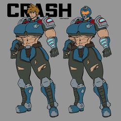  1girls abs armor bare_midriff biceps blue_armor blue_helmet brown_hair character_sheet confident crash_(quake) deputyrust futuristic greaves grey_background helmet huge_breasts muscular_arms muscular_female pauldron quake simple_background smile solo spiky_hair standing thick_thighs tight_pants torn_legwear underboob 