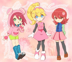  3girls bangs black_legwear blonde_hair blue_eyes blush bodystocking boots brown_eyes capcom chibi ciel_(rockman) eyebrows_visible_through_hair fingerless_gloves full_body gloves green_eyes hair hair_between_eyes hair_ornament headgear hibiki_misora high_ponytail hoodie long miniskirt multiple_girls musical_note pattern patterned_background ponytail purple_hair red_hair rockman rockman_exe rockman_zero ryuusei_no_rockman sakurai_meiru shoes short_hair shorts sidelocks skirt smile stockings thighhighs white_gloves 