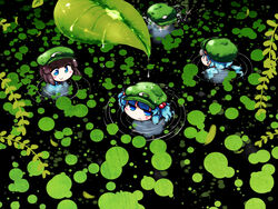  4girls blue_dress blue_eyes blue_hair bob_cut brown_hair commentary_request dark_haired_kappa dress extra glasses_kappa hair_bobbles hair_ornament hair_ribbon hair_tie_kappa hat jitome kappa_mob_(touhou) kawashiro_nitori leaf lily_pad multiple_girls okome_(kome_kuma) partially_submerged ribbon smile swimming touhou two_side_up water water_drop 