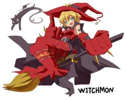  arai_nobu belt black_cat blonde_hair broom broom_riding cape commentary_request digimon digimon_(creature) facial_mark feline female hat open_mouth oversized_limbs pointy_ears short_hair sidesaddle solo tattoo text_focus witch_hat witchmon 