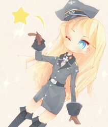  :&gt; blonde_hair blue_eyes blush chibi commentary_request dai_(series) daiteikoku female hato_haru long_hair one_eye_closed retia_adolf skirt solo thighhighs uniform zettai_ryouiki 