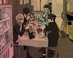  4boys blue_hair bread cape chopsticks commentary_request crossover demi-fiend devil_summoner_(series) eating feline food gekkoukan_high_school_uniform glasses gouto grey_hair gyuudon hat indoors kuzunoha_raidou magatama mixhot multiple_boys narukami_yuu noodles peaked_cap persona persona_3 persona_4 ramen school_uniform shin_megami_tensei shin_megami_tensei_iii:_nocturne sitting tattoo yuuki_makoto_(persona_3) 