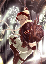  ass beret blonde_hair blue_eyes braid cammy_white commentary_request dagger female fingerless_gloves gloves gun hat holster knife leotard long_hair okazuwa_shake pantyhose photoshop_(medium) rope scar solo street_fighter thigh_holster twin_braids weapon 