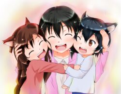  1boy 2girls :d ;d ^_^ affectionate ame_(ookami_kodomo) animal_ears azumawari_(azumofu) black_hair blush boy_and_girl_sandwich brother_and_sister brown_eyes brown_hair cheek-to-cheek closed_eyes clothes_grab commentary_request family group_hug hana_(ookami_kodomo) hand_on_another&#039;s_head hands_up heads_together hug lolicon long_hair long_sleeves looking_at_another mother_and_daughter mother_and_son multiple_girls oerba_yun_fang one_eye_closed ookami_kodomo_no_ame_to_yuki open_mouth revision sandwiched siblings sleeve_grab smile wolf_boy wolf_ears wolf_girl yuki_(ookami_kodomo) 