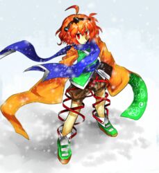  1other androgynous bow commentary_request from_above hairband highres japanese_clothes len&#039;en orange_eyes orange_hair other_focus scarf short_hair snow solo unibazooka zuifeng_tenkai 