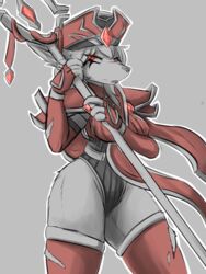  2018 3:4 5_fingers alternate_species blizzard_entertainment canid clothing digital_media_(artwork) female fingers fur grey_body grey_fur grey_hair hair hat headgear headwear hi_res holding_object infinitedge legwear leotard mammal red_eyes sally_whitemane simple_background small_waist solo staff thigh_highs torn_clothing warcraft were werecanid worgen 