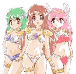  3girls adapted_costume ai_tenshi_densetsu_wedding_peach angel_daisy angel_lily armor bikini bikini_armor blue_eyes brooch brown_eyes brown_hair commentary_request gauntlets green_hair hanasaki_momoko heart heart_brooch jewelry long_hair magical_girl multiple_girls okuri_ookami pink_hair short_hair swimsuit tamano_hinagiku tanima_yuri wedding_peach wing_brooch 