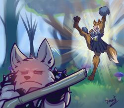  anthro barazoku blush brother_(lore) brothers_(lore) canid canine canis cheerleader cheerleader_outfit cheerleading_pose clothed clothing crossdressing duo epic_games feet fennix_(fortnite) forest fortnite fox fur hi_res hindpaw holding_object holding_weapon male mammal multicolored_body multicolored_fur muscular muscular_anthro muscular_male orange_body orange_fur paws pinumontbalou plant sibling_(lore) smile smiling_at_partner spikes tail tree volpez_(fortnite) weapon white_body white_fur 