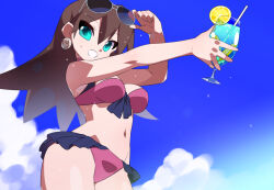  adjusting_eyewear bare_shoulders bikini blue_sky breasts brown_hair cowboy_shot cup earrings eyewear_on_head female food fruit holding holding_cup jewelry kaidou_zx lemon long_hair medium_breasts mega_man_(series) mega_man_legends_(series) navel parted_lips purple_bikini revision skull_earrings sky smile solo sunglasses swimsuit teeth tron_bonne_(mega_man) 