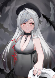  absurdres azur_lane black_beret black_nails blush breasts chains cleavage closed_mouth collar commander_(azur_lane) covered_navel female grey_hair hair_ornament hairclip happy_tears highres jewelry kimberly_(azur_lane) kimberly_(meta)_(azur_lane) long_hair looking_at_viewer medium_breasts metal_collar ring smile swept_bangs tearing_up tears wedding_ring xin_sanmu 