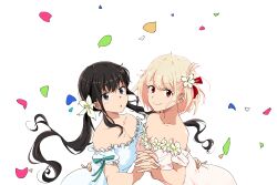  2girls absurdres bare_shoulders black_hair blonde_hair blue_dress breasts cleavage closed_mouth collarbone dress flower hair_flower hair_ornament hair_ribbon highres holding_hands inoue_takina interlocked_fingers long_hair looking_at_viewer lycoris_recoil medium_breasts misskiwi multiple_girls nishikigi_chisato off-shoulder_dress off_shoulder petals pink_dress red_eyes red_ribbon ribbon short_hair sidelocks simple_background smile twintails white_background yuri 