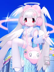  angel ankle_wings apple_inc. artist_name bag blue_footwear bodysuit cleavage_cutout clothing_cutout cyber_fashion detached_sleeves digital_media_player english_text female grey_hair halo handbag head_wings headphones highres ipod ipod_nano looking_at_viewer original pink_headphones planet red_eyes rinihimme shoes sitting solo star_(symbol) tamagotchi tamagotchi_(virtual_pet) thighhighs wings zettai_ryouiki 