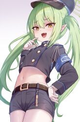  belt black_hat black_shorts blue_archive blush buckle cowboy_shot crop_top cropped_jacket female flat_chest gloves green_hair green_halo hair_between_eyes halo hand_on_own_hip hat jacket long_hair long_sleeves looking_at_viewer midriff milkshakework navel nozomi_(blue_archive) oerba_yun_fang open_mouth peaked_cap pointy_ears short_shorts shorts simple_background solo standing stomach twintails very_long_hair white_background white_gloves yellow_eyes 