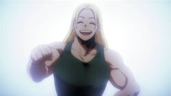  1girls american_female anime_screencap cathleen_bate closed_eyes clothed long_hair muscular_arms muscular_female my_hero_academia smiling tank_top white_background 